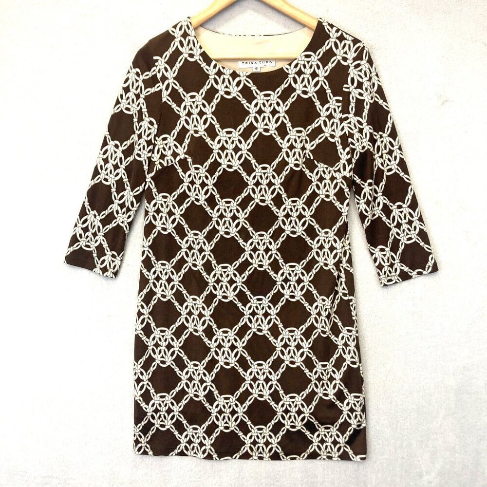 Trina Turk 100% Silk Shift Dress Womens Size 6 Brown 3/4‎ Sleeve Stretch Office